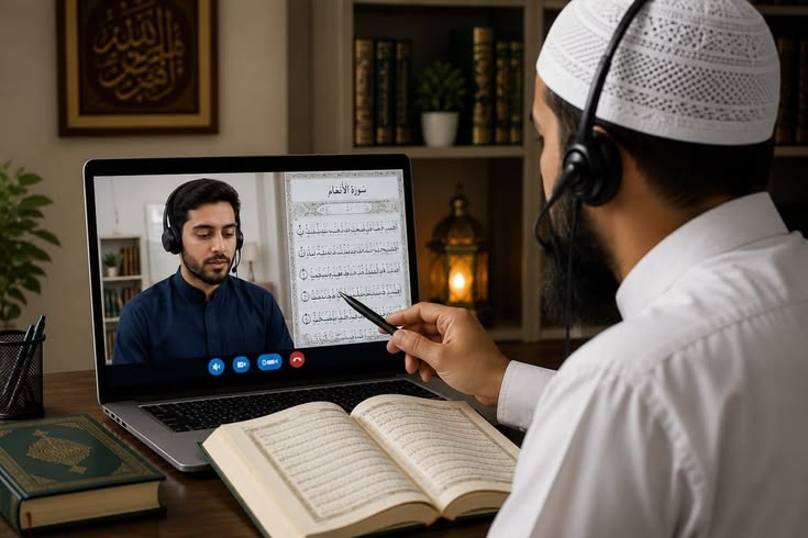 A teacher gently holding an ornate Quran, ready for an online lesson at Nebras Academy